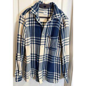 Zara Blue & Cream Plaid Shirt Jacket Overshirt M